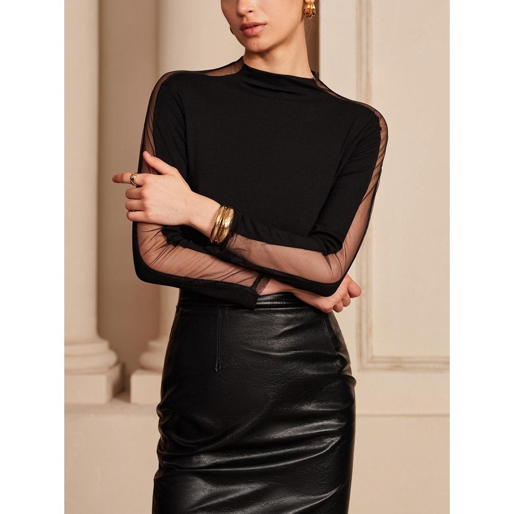 Commense Plain Tulle Mesh Long Sleeve T-Shirt Black size S